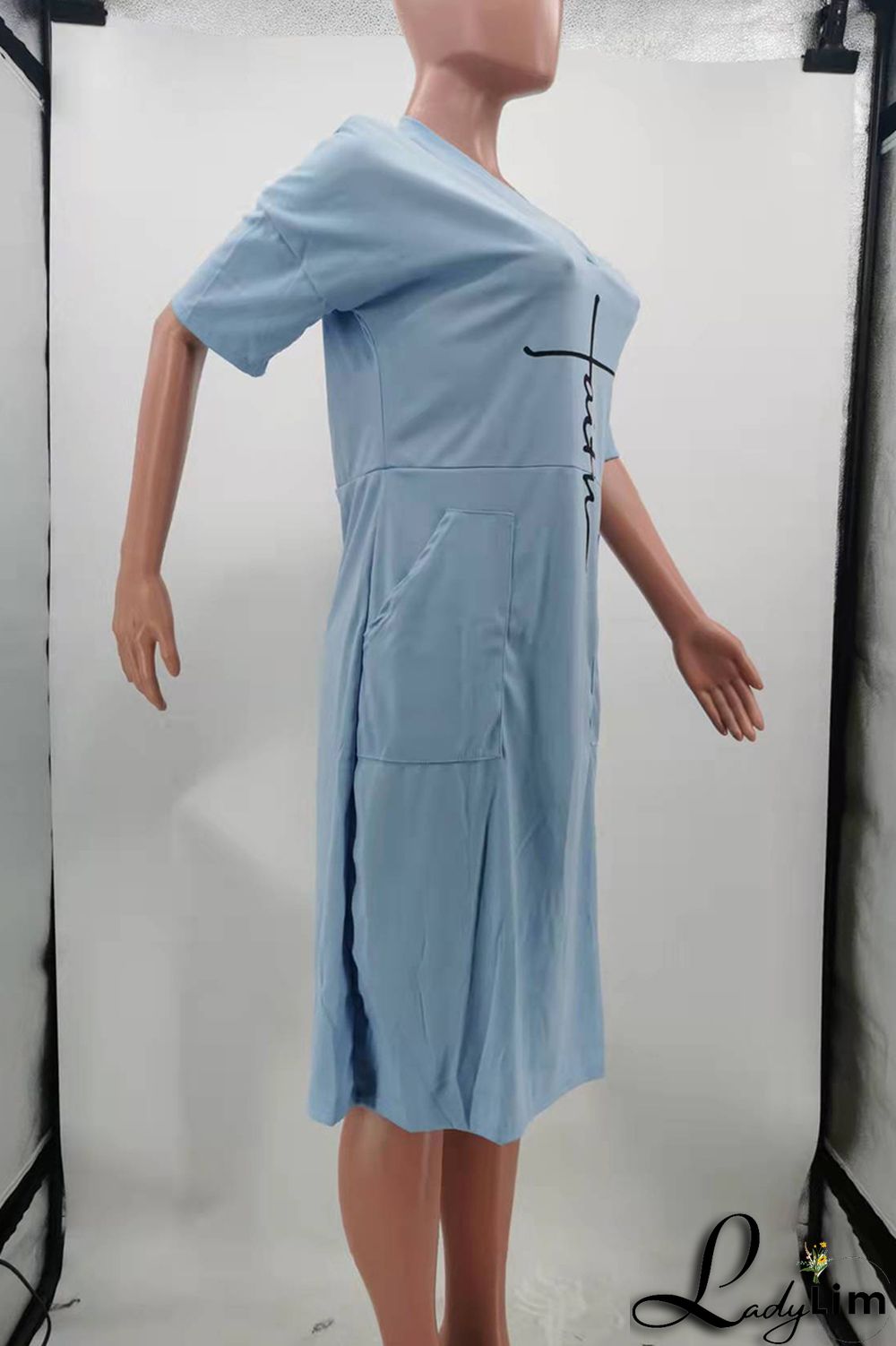 Red Fashion Casual Print Basic V Neck Short Sleeve Dress