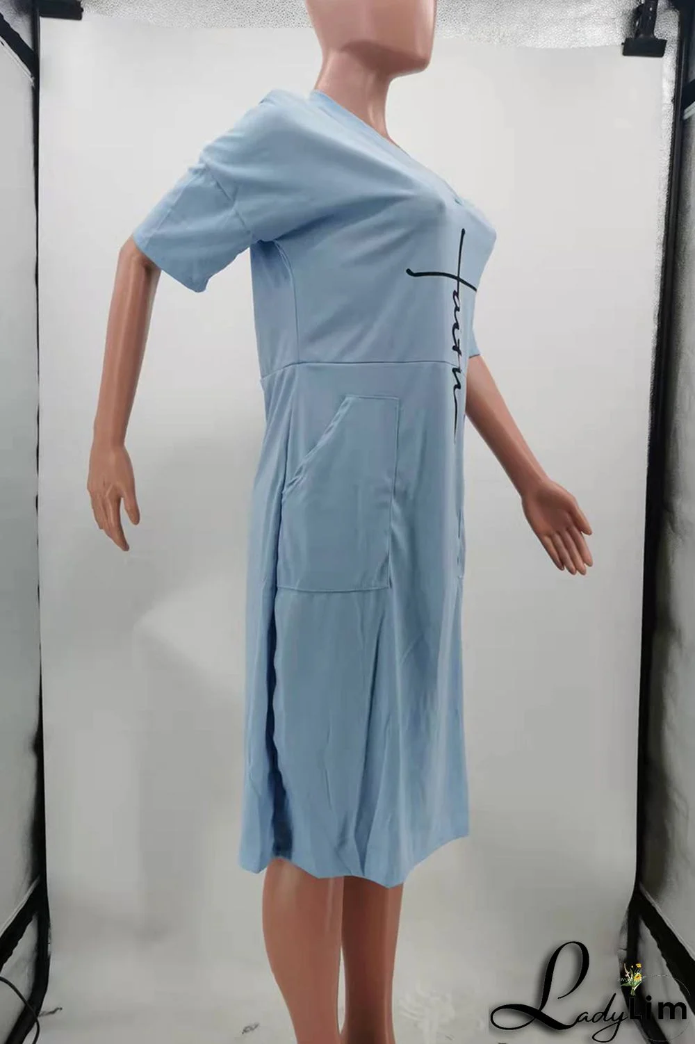 Red Fashion Casual Print Basic V Neck Short Sleeve Dress