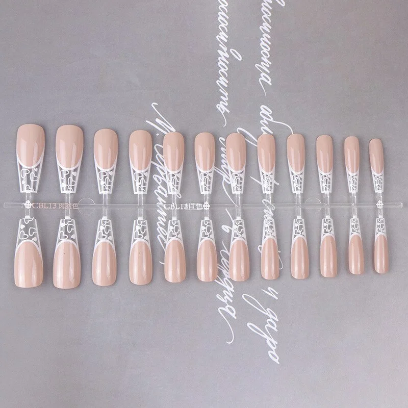 24Pcs/Box Heart Long Coffin False Nails Designs Ballerina White Love Pattern Fake Nails Full Cover Nail Tips Press on Nails-Nail Inspo