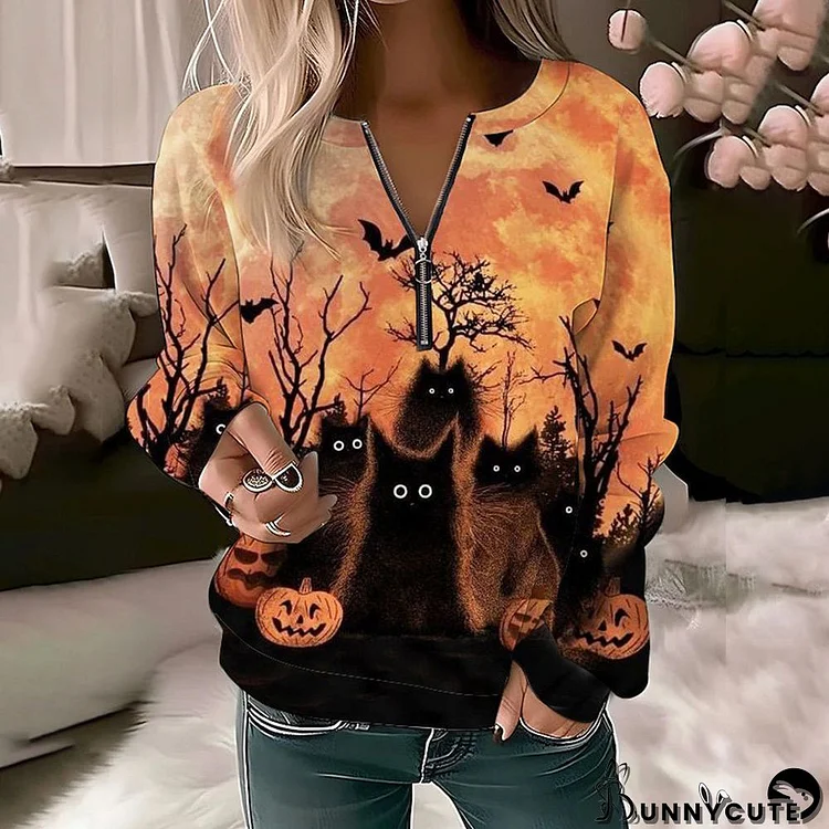 Orange Print Zip V-Neck Top