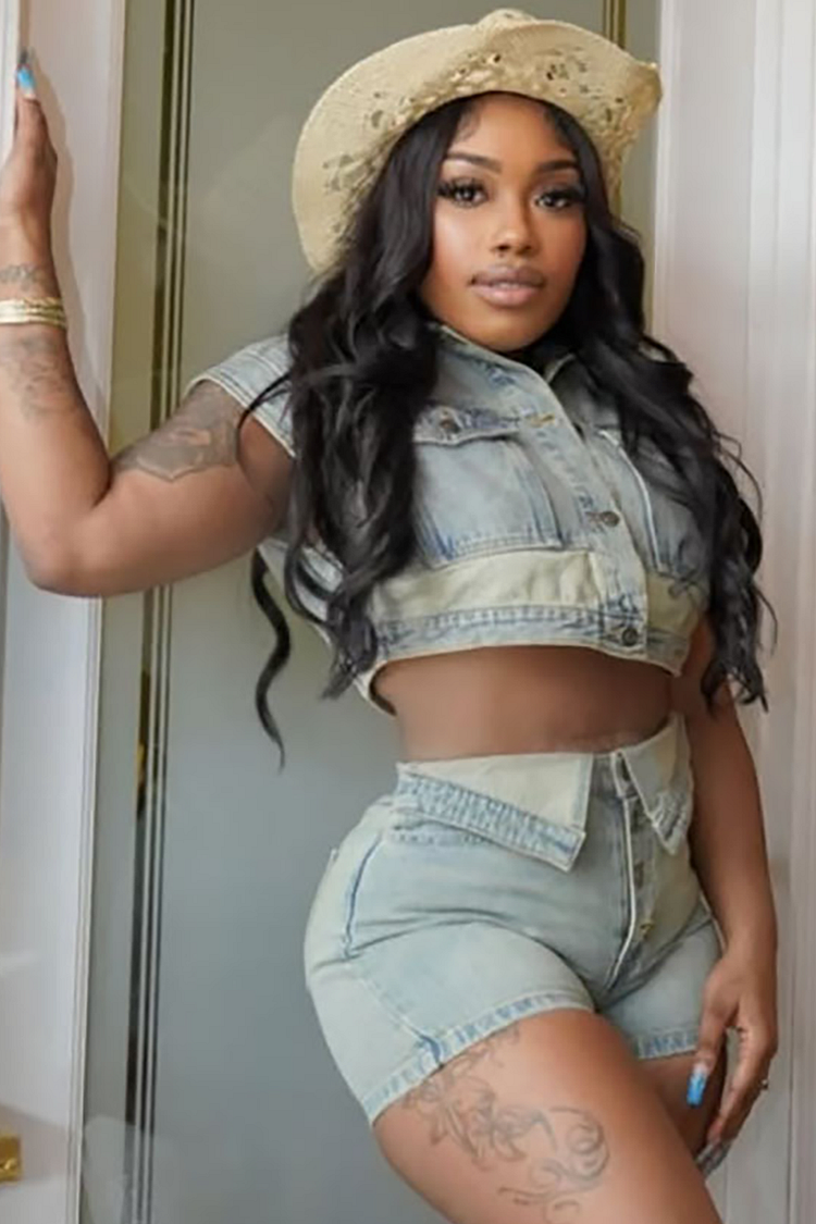 Distressed Denim Cap Sleeve Crop Top Fold-Over Shorts 2pcs Set-Blue