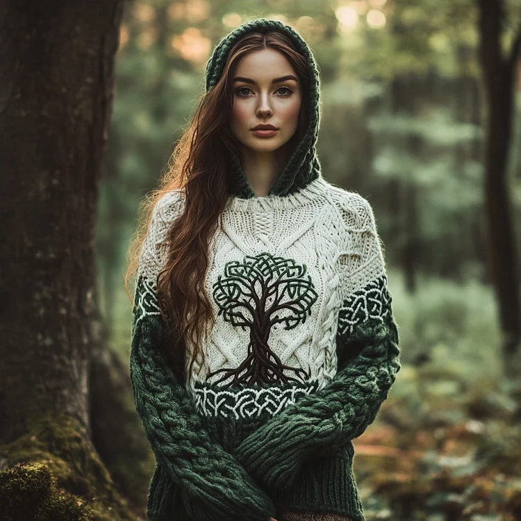 Women's Celtic Tree Of Life Jacquard Ethereal Forest Hooded Sweater