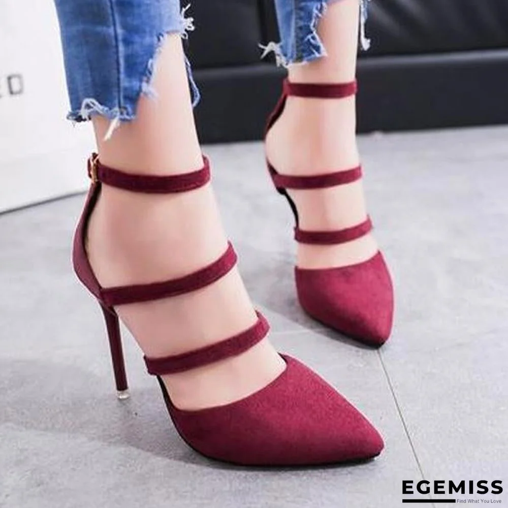 Pointed High-Heeled Sandal Shoes With Shallow Mouth Buckle Suede Straps Shoes | EGEMISS