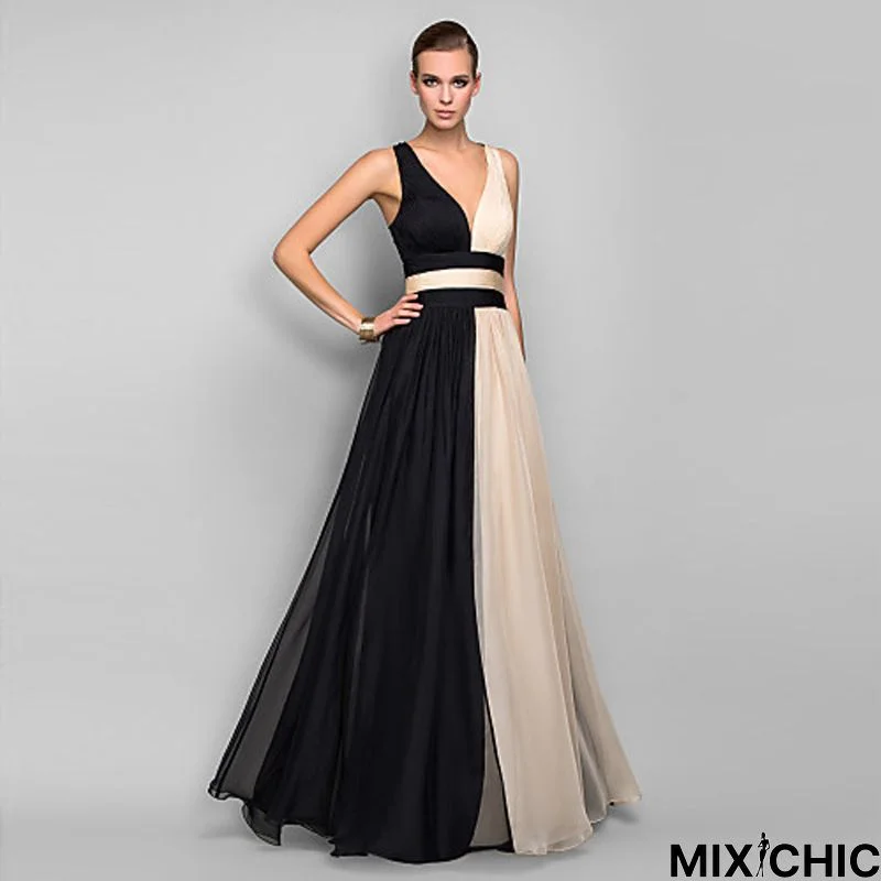 Slim Dress Sexy Sleeveless Color Matching Contrast Dress Long Skirt Black Dresses