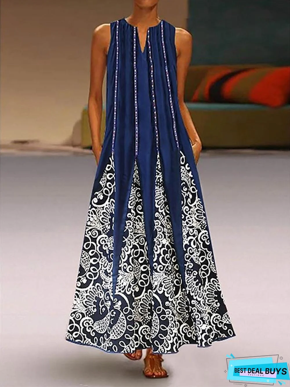 Women's Tunic Maxi Long Dress Sleeveless Tribal Print Summer Plus Size Hot Casual White Black Blue Red Green