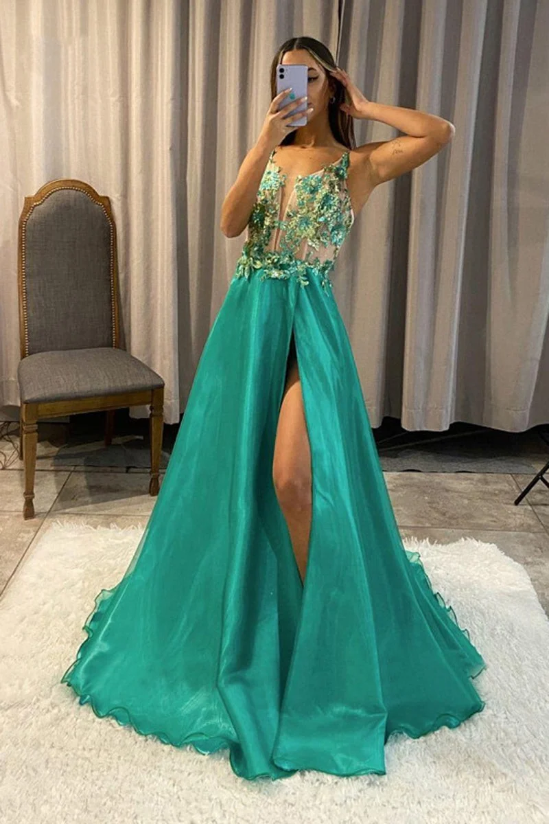 Green V-neck Appliques A Line Long Prom Dress with Slit YL0020