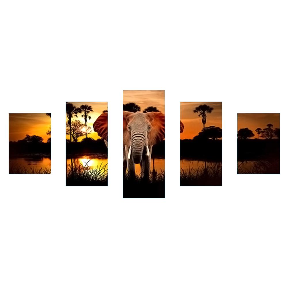 

103x45cm Round Drill Diamond Painting-Elephant 5 Panels, 501 Original
