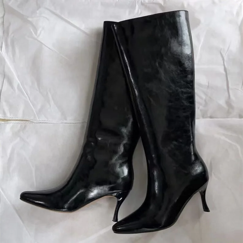 Yyvonne Women's Autumn and Winter New Leather Fashion Knee-length Boots with Thin Heels and Pointed Fashion Boots Women Boots