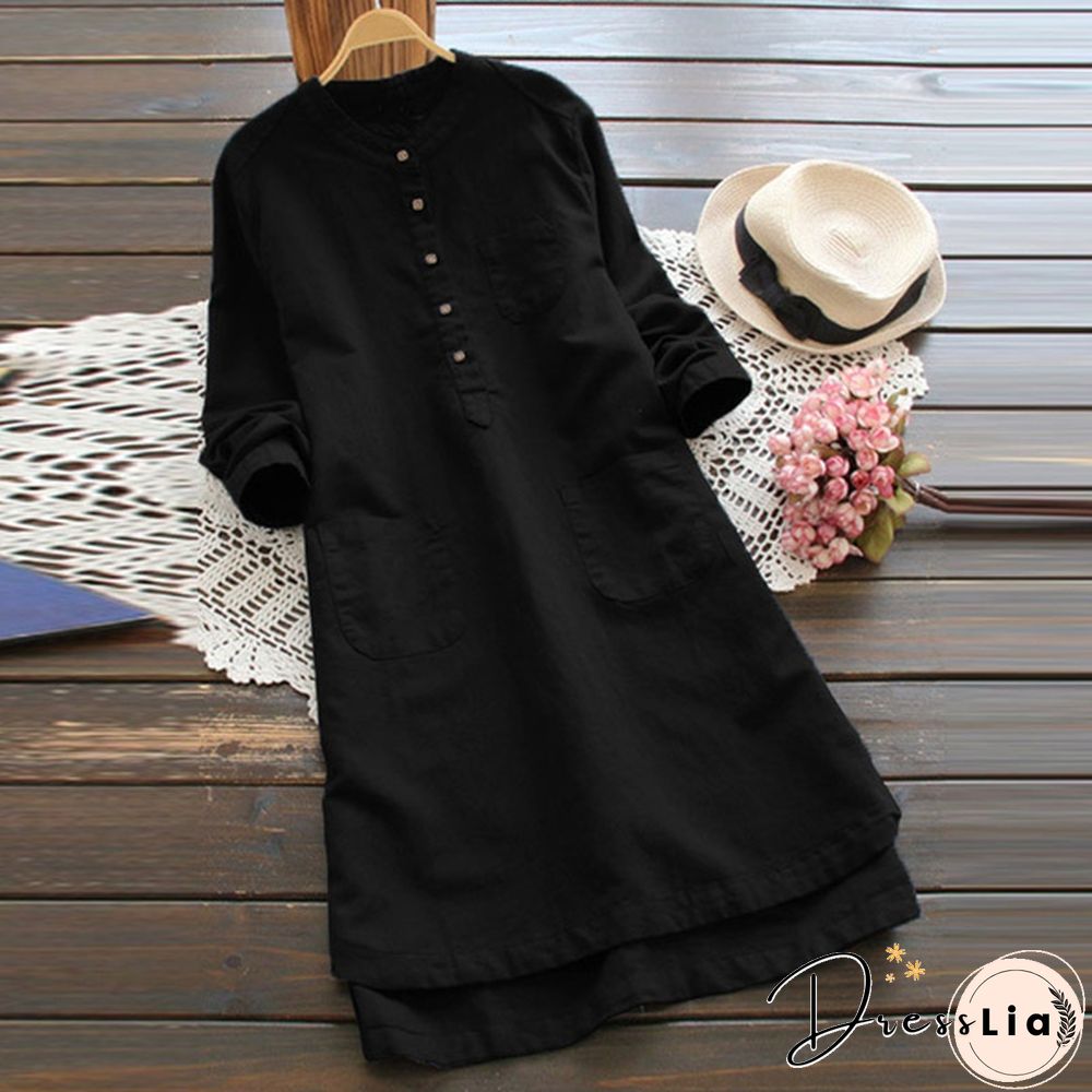 Fashion Women Long Sleeve Buttons Neck Long Shirt Dress Asymmetrical Plus Dress Sundress