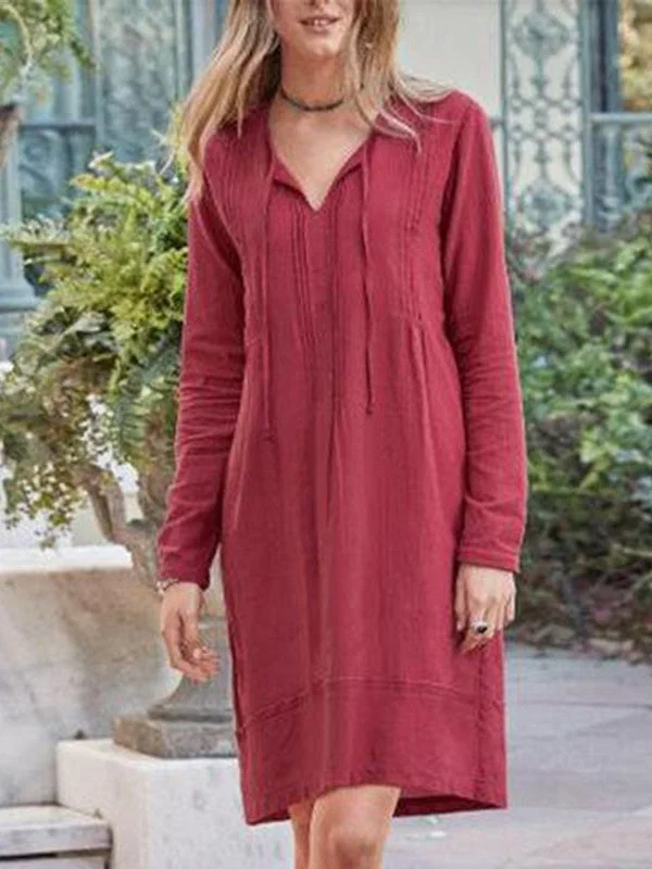 Women plus size clothing Women's Long Sleeve V-neck Solid Color Midi Dress-Nordswear