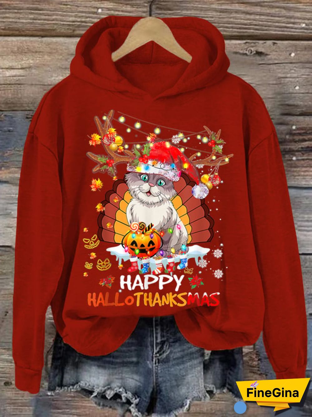 Women's Happy Hallothanksmas Cute Cat Hoodie