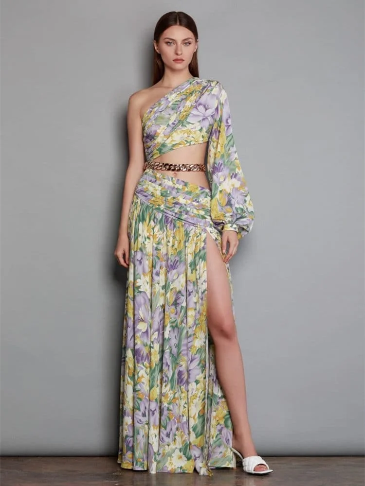 Slanted One Shoulder Slim Chain Floral Maxi Dress Summer Elegant Floral Irregular Cut Out Long Sleeve Dress Party Evening
