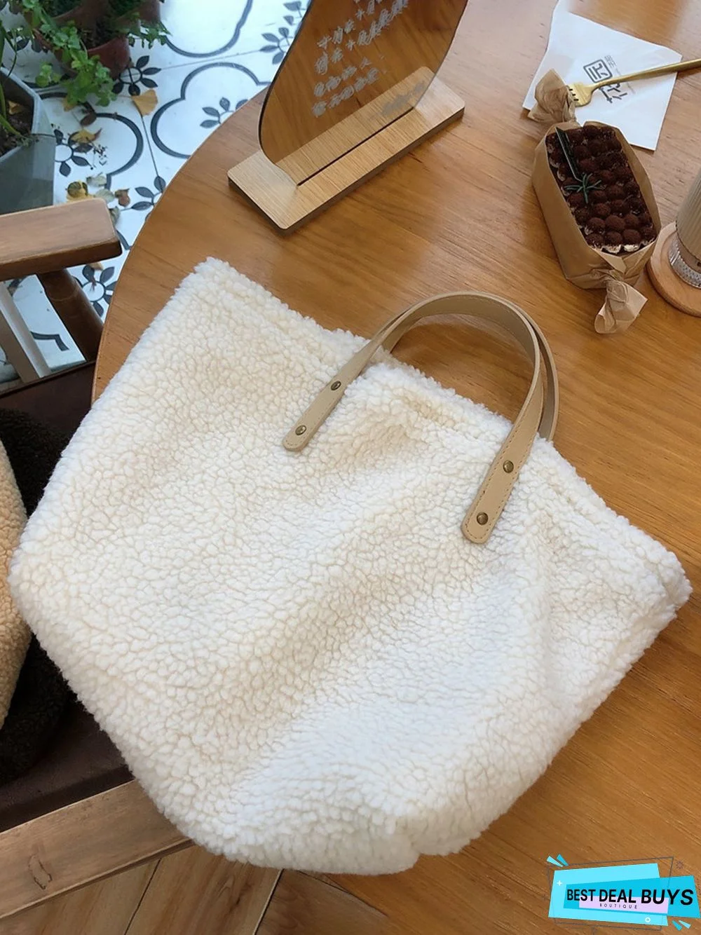 Pure Color Lambswool Large Capacity Handbag