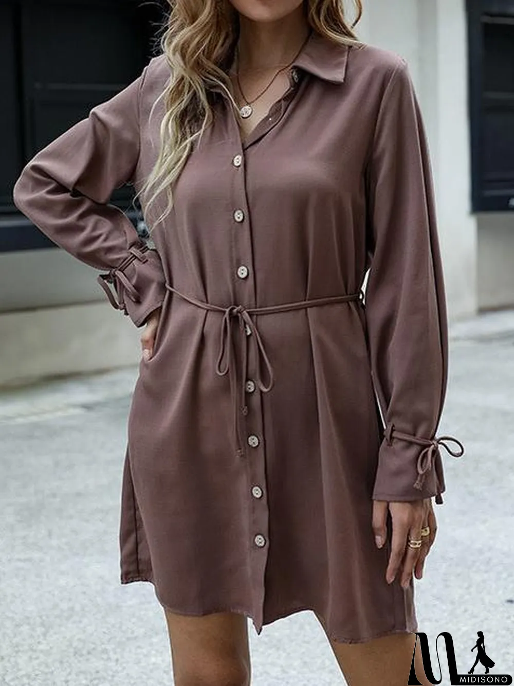 MidiSono - Women's Solid Color Lapel With Lace-Up Long-Sleeve Shirt Midi Dress