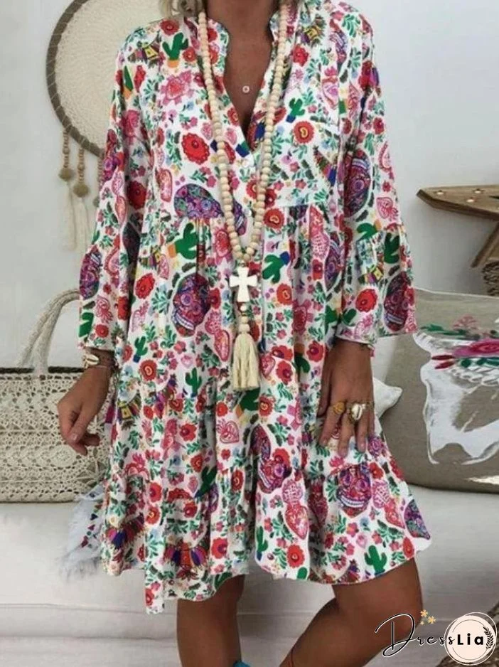 Women's Dresses Printed Stand Collar Button Ruffled Long Sleeve Dress