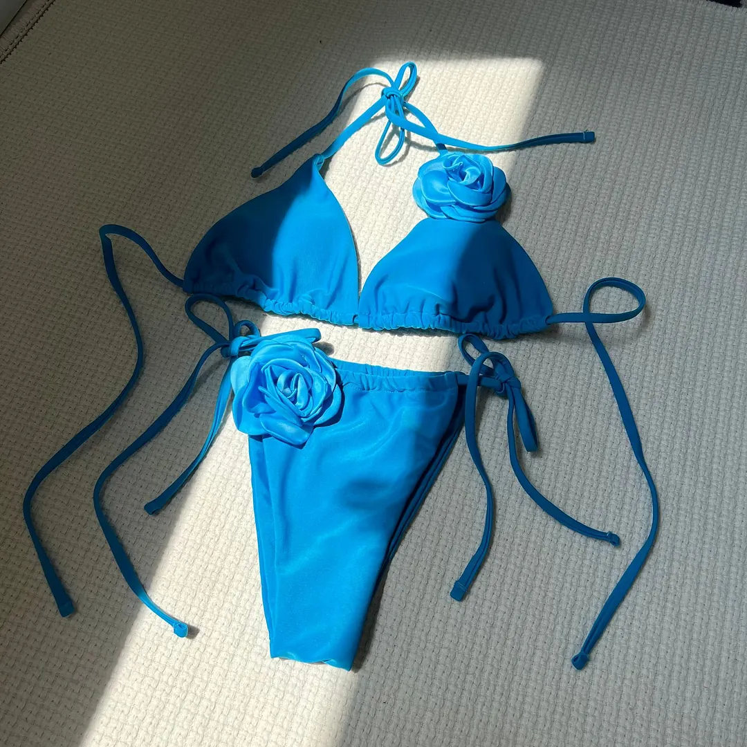 Churchf 2024 European New Solid-Color Rose Drawstring Split Swimsuit Bikini9187