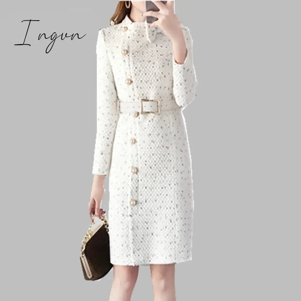Ingvn - New Arrival Autumn And Winter Runway Women Elegant Tweed Dress Bow Collar Long Sleeve