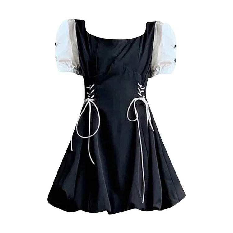 Lace Up Puff Sleeve A-line Dress - Modakawa modakawa