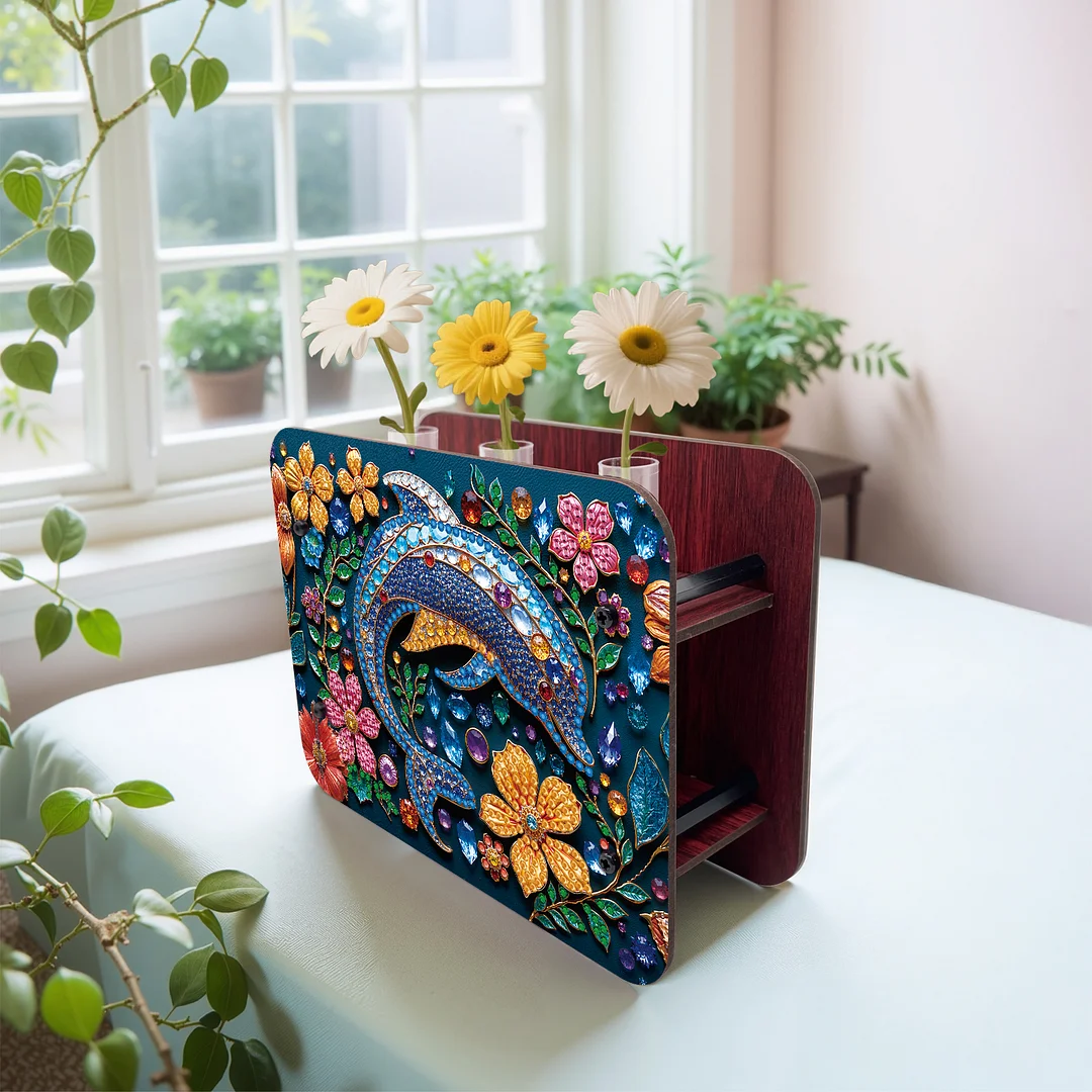 Dolphin DIY Flower Vase Wooden Double Sided Desktop Diamond Art Kit Home Decor