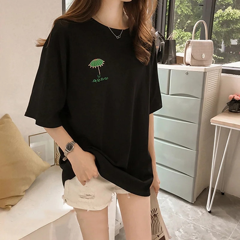 Uveng Uveng Summer New Embroidered Short-Sleeved T-Shirt Women With The Same Clothes Korean Version Versatile Medium Long Top Women