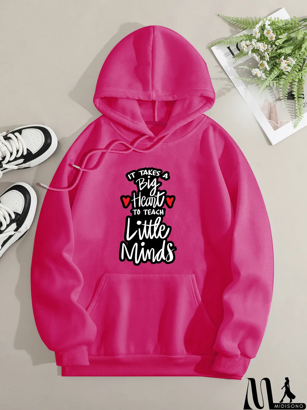 MidiSono - Printed on front Kangaroo Pocket Hoodie Long Sleeve for Women Pattern Big heart to teach