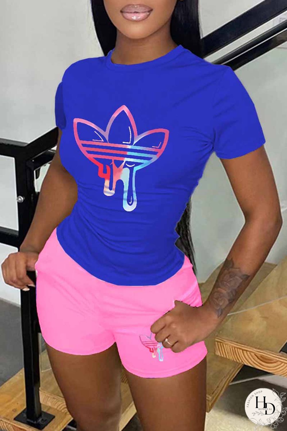 White Casual Print Patchwork O Neck Short Sleeve Two Pieces