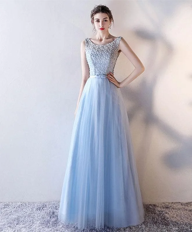 Light Blue Tulle Long Prom Dress, Blue Evening Dress