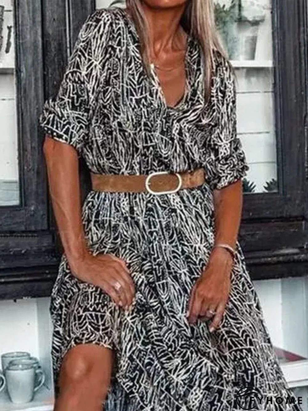 Casual V Neck Floral-Print Weaving Dress | IFYHOME