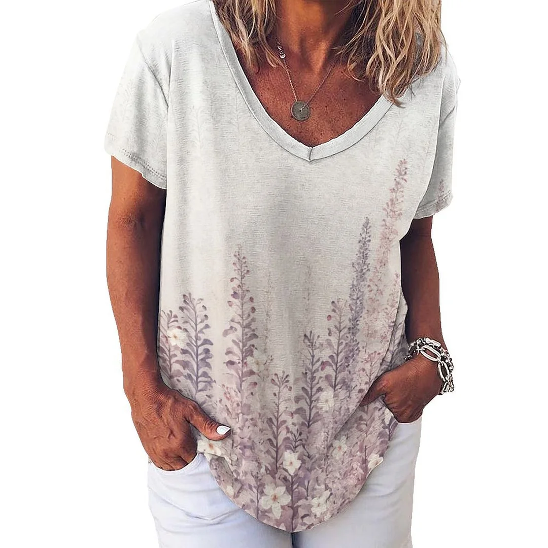 V-neck Short Sleeve Casual T-shirt for  Women Printed with Pattern Floral, Pink, Light Purple