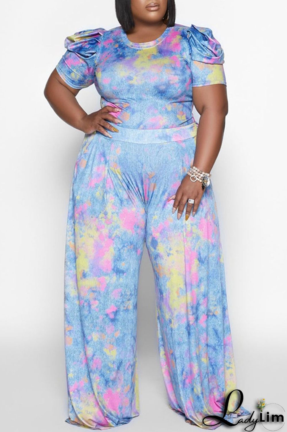 Cyanine Casual Print Patchwork O Neck Plus Size Two Pieces