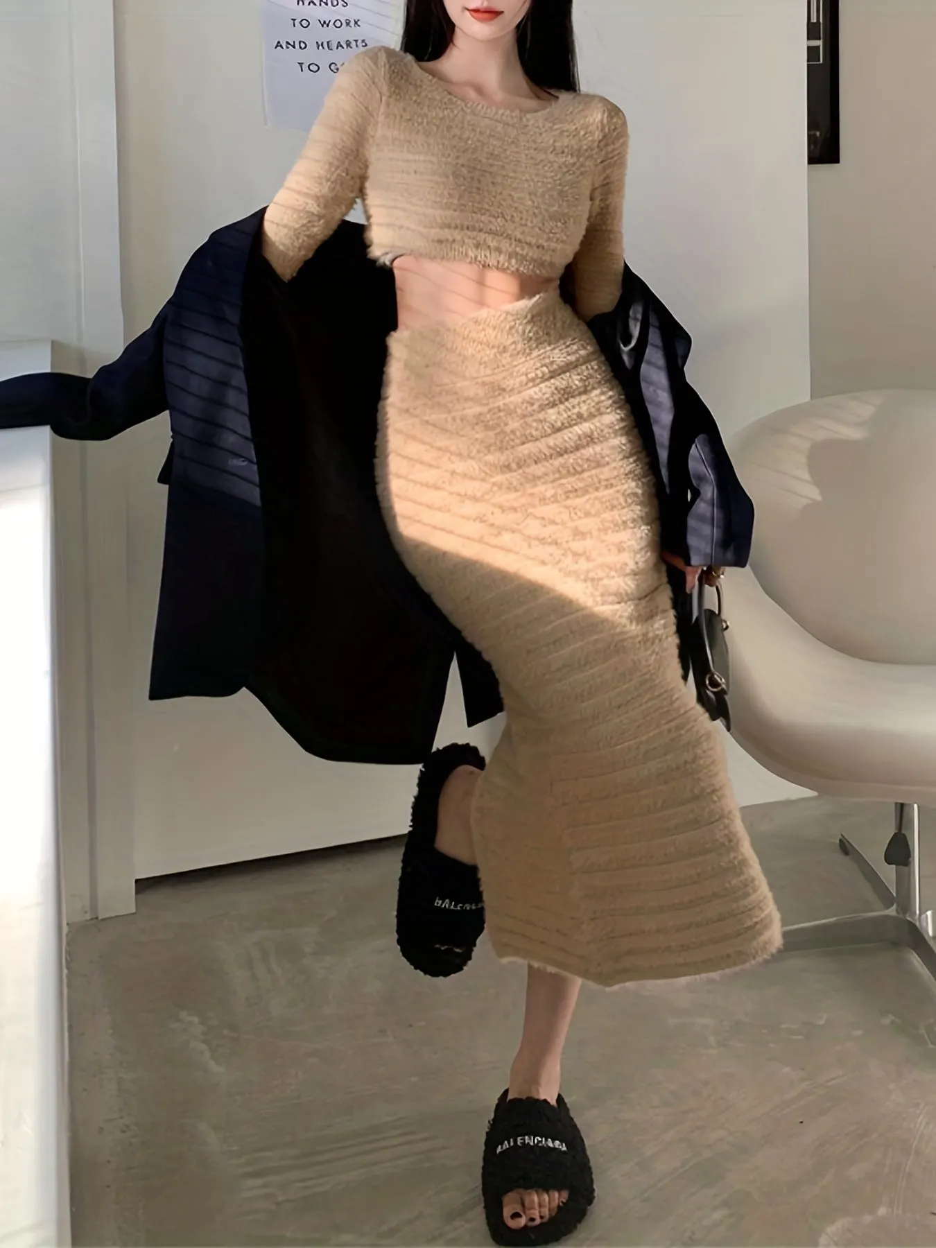 Versatile Solid Two-piece Skirt Set Crop Long Sleeve Top High Waisted Bodycon Outfits