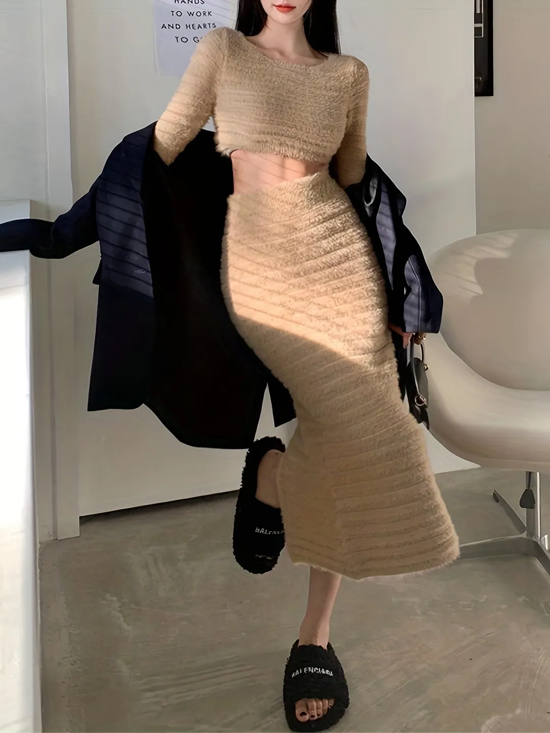Versatile Solid Two-piece Skirt Set Crop Long Sleeve Top High Waisted Bodycon Outfits