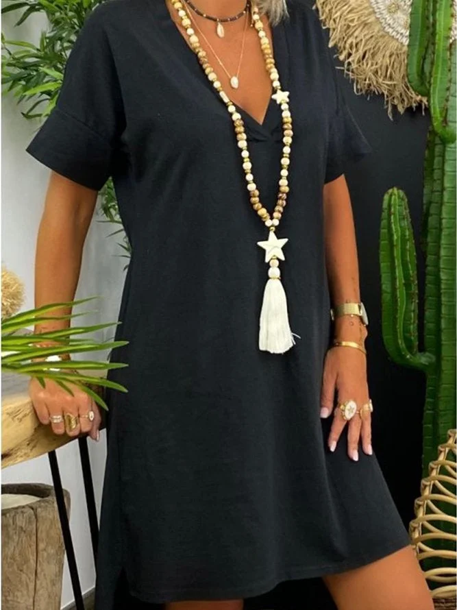 Black Jersey Casual Shift V Neck Dresses Black Dresses
