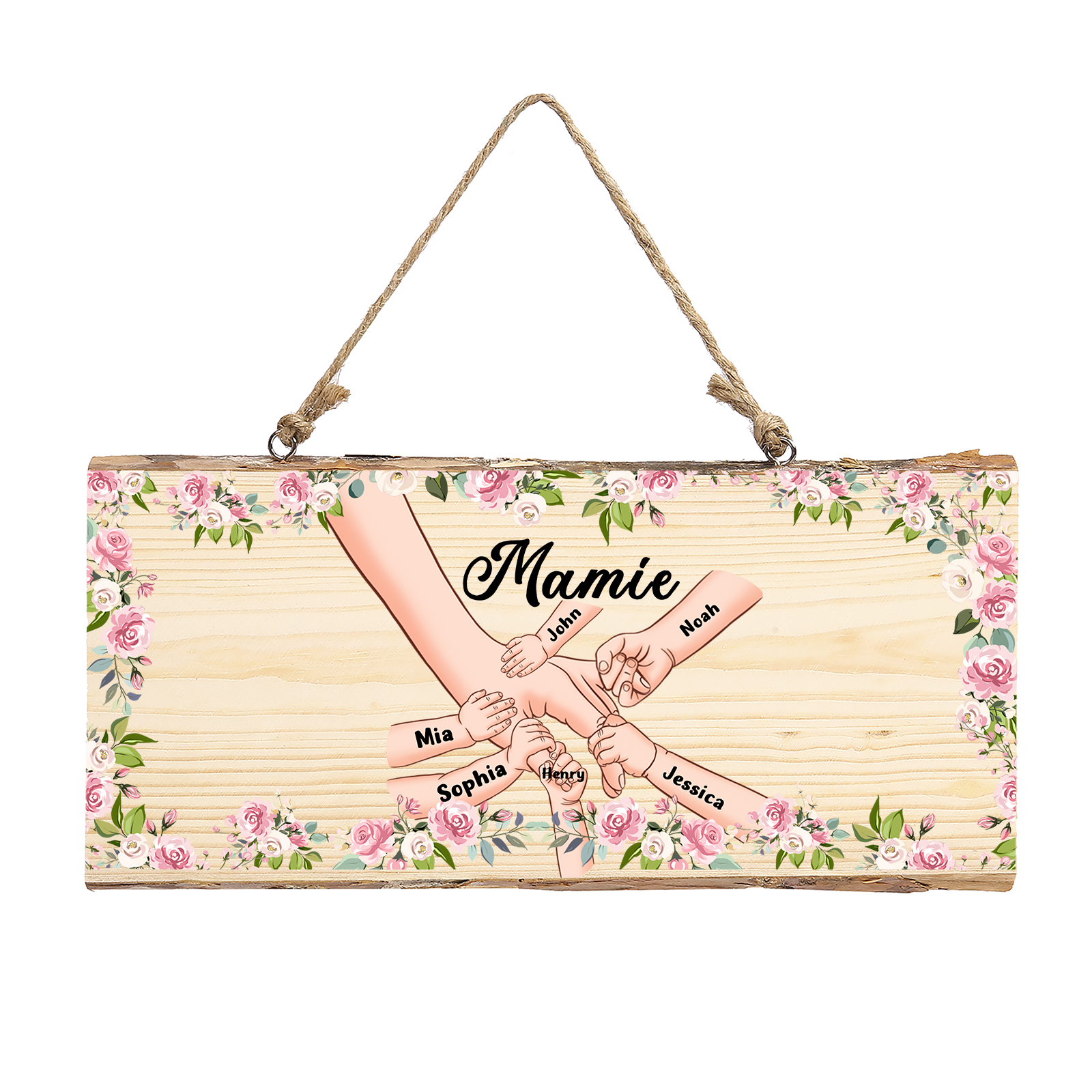À ma Mamie - Décoration en bois la main dans la main 1-6 Prénoms Personnalisés pour Famille Peinture Décorative
