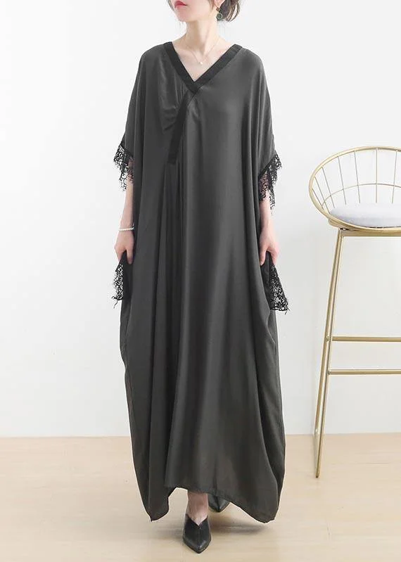 Fitted Grey Green V Neck Batwing Sleeve Vacation Dresses Summer Chiffon Dress