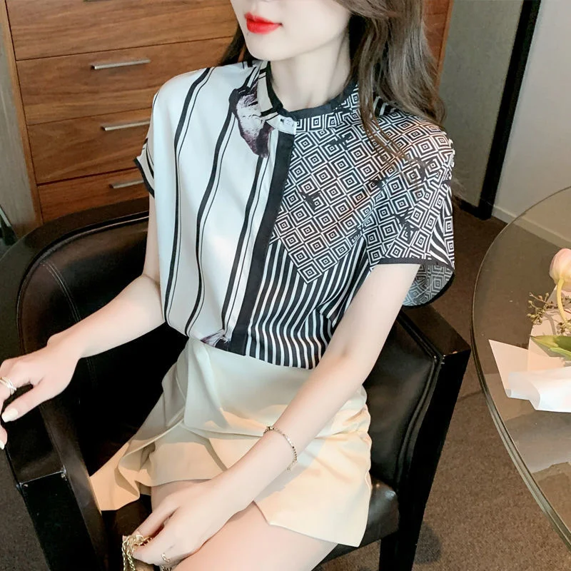 Jangj Women's Clothing Thin Chiffon Covered Button Spring Autumn Print Short Sleeve O-neck Office Lady Patchwork Trend Korean Blouses