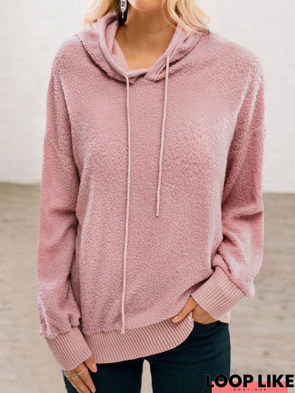 Hoodie Long Sleeve Solid Cotton-Blend Sweater