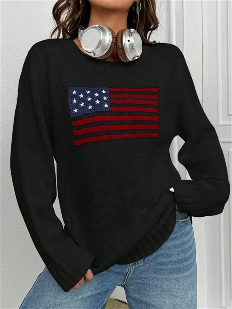 Athvotar Athvotar And Winter New Loose Round Neck Flag Pattern Simple Knitted Sweater