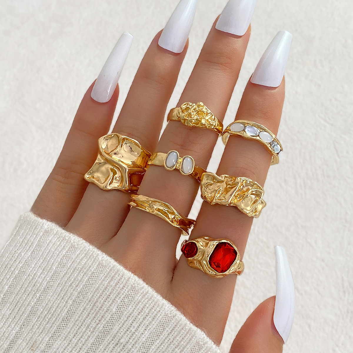 30-piece set of gold rings geometric alloy lava-patterned irregularly smooth open rings