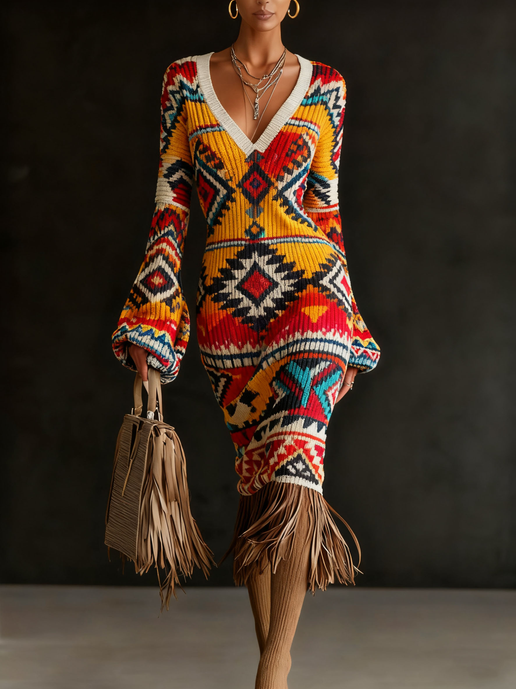 Ethnic Geometric Print V-neck Knit Bell Sleeve Fringed Dress