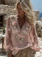 Women's Vintage Pink Floral Art Pattern V-neck Long Sleeve Blouse
