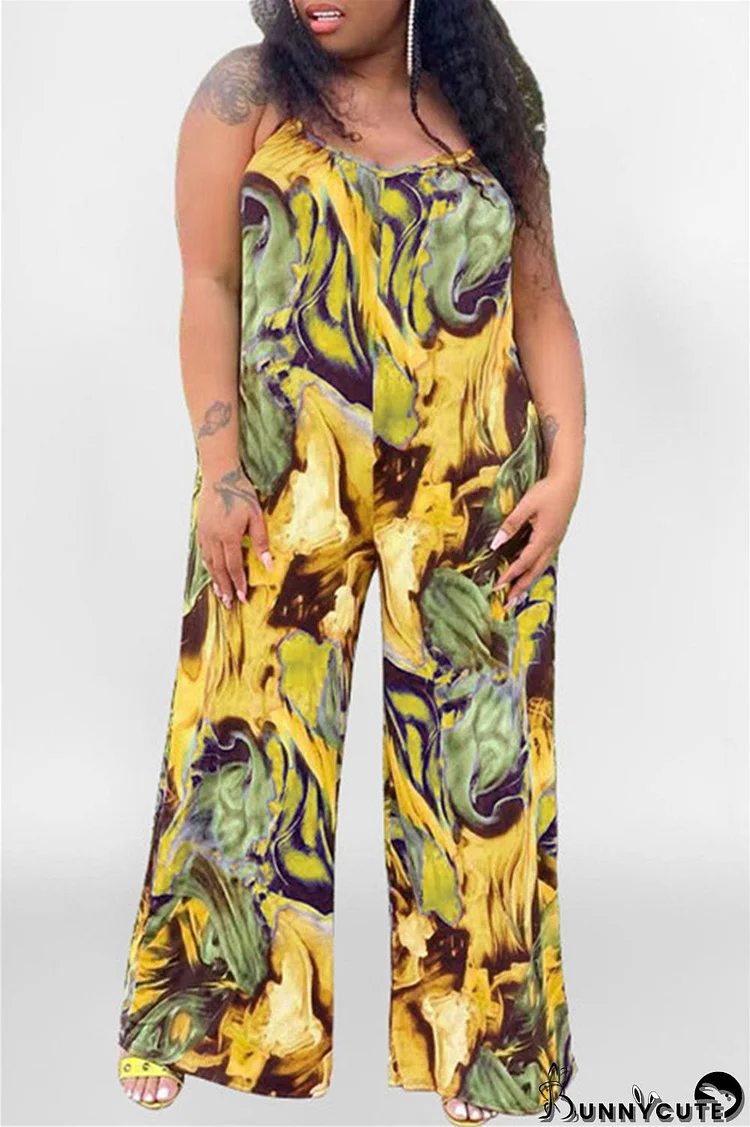 Yellow Sexy Casual Print Backless Spaghetti Strap Plus Size Jumpsuits