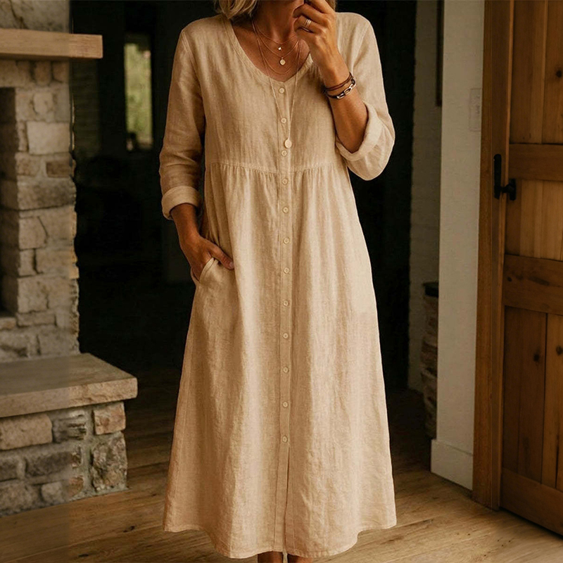Women's Solid Color Buttons Linen Blend Maxi Dress wearshes
