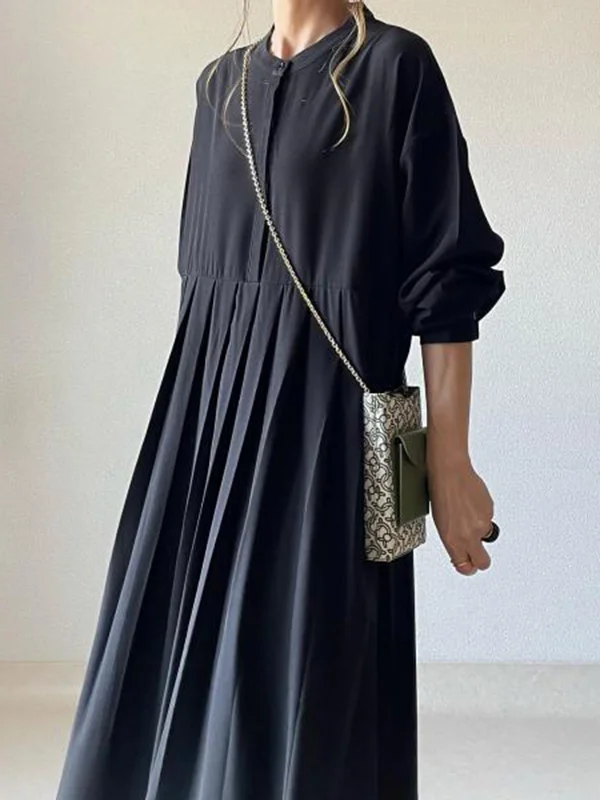 Pleated Solid Color Split-Joint Long Sleeves Loose Round-Neck Shirt Dress Maxi Dresses