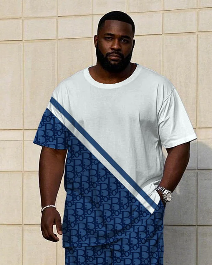 Men's Plus Size Big Brand Blue & White Logo Design Pattern Jacquard Short Sleeve T-Shirt Pants Suit