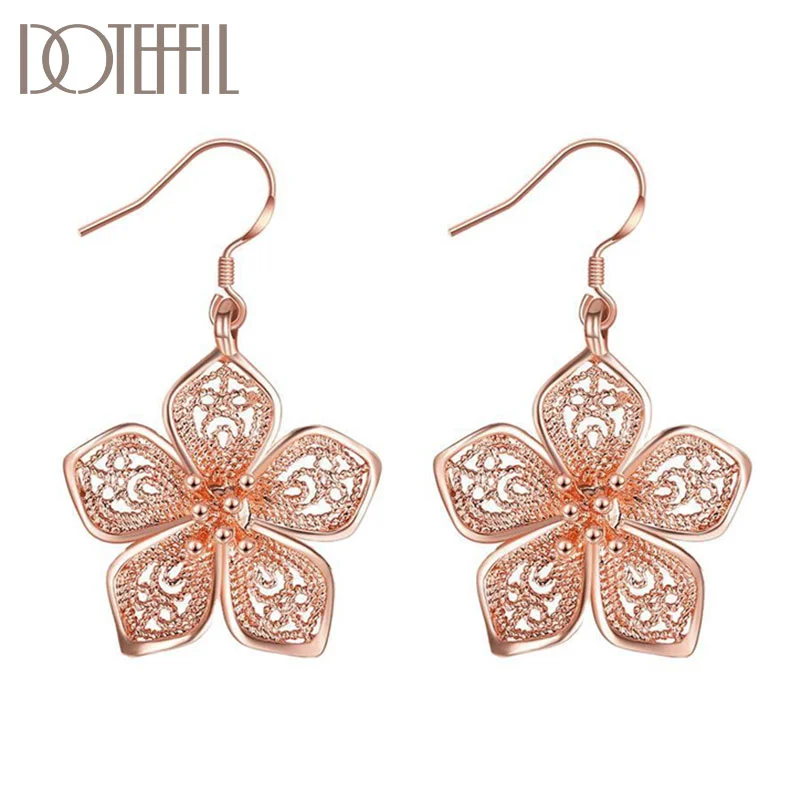 DOTEFFIL 925 Sterling Silver Rose Gold Flowers Charm Earrings For Women Jewelry 