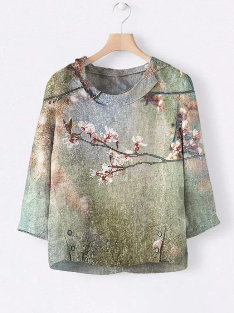 Japanese Cherry Blossom Art Painting Linen Lapel Shirt