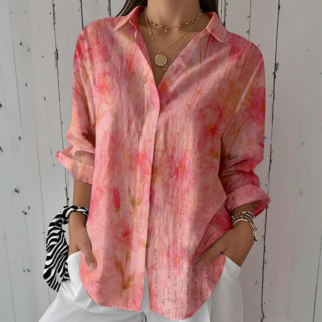 Style & Comfort for Mature Women Women Pink, Flowers DZCL0462 3/4 Sleeve Shirt Collar Printed Button Tops