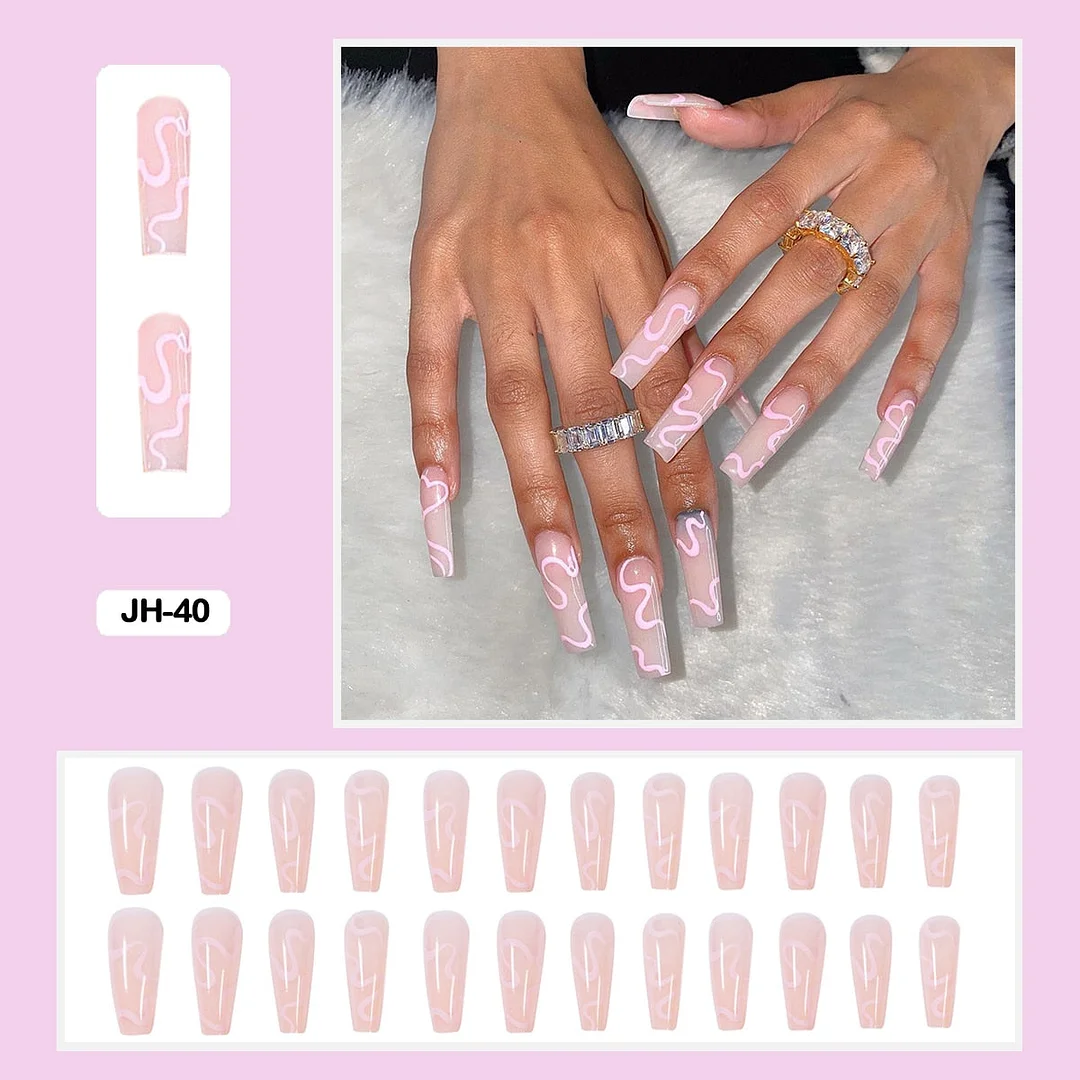 24pcs/box Long Trapezoid Fake Nails Geometric Simplicity Personality Graffiti Animal Pattern Nail Art Nails Press on With Glue-Nail Inspo
