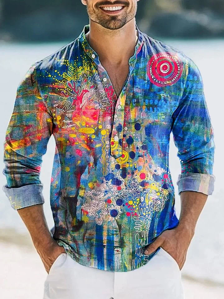 Men's Vintage Abstract Color Painting Art Print Long Sleeve Henley Shirt